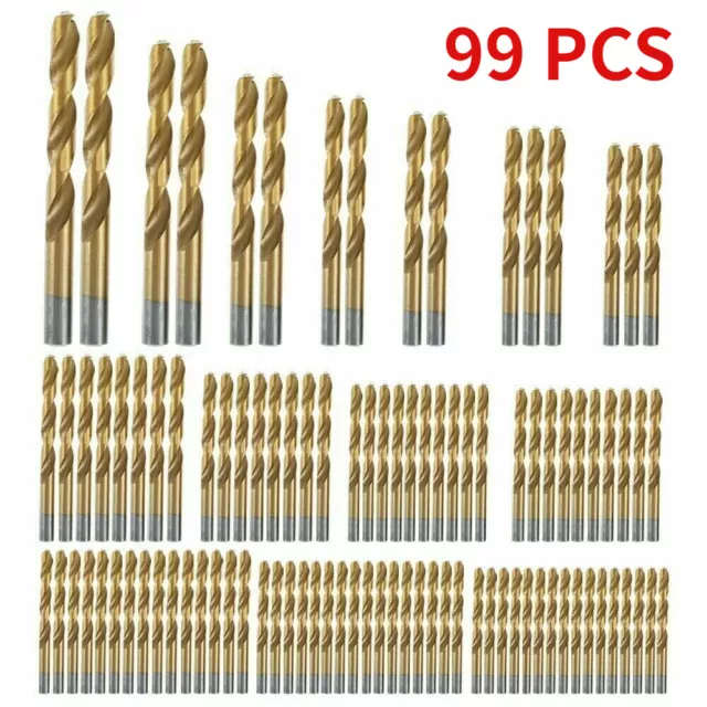 99PCS Drill Bit Set 1/16"-3/8" HSS Titanium Multi Drill Bits Twist Metal Tools