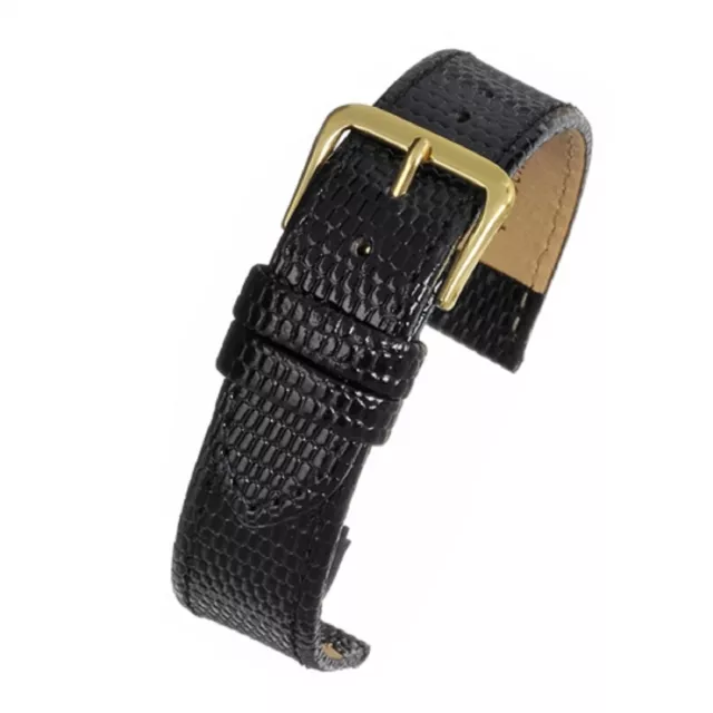 Hommes 20mm Véritable Cuir Noir Grain Lézard Bracelet de Montre