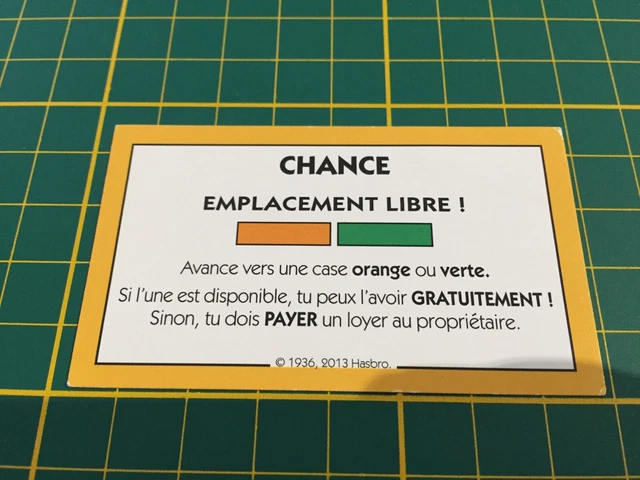 CARTE CHANCE LIBRE orange verte jeu de société Monopoly Junior Hasbro ...