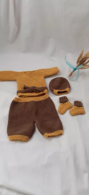 ensemble layette naissance/1 mois, marron et jaune moutarde 