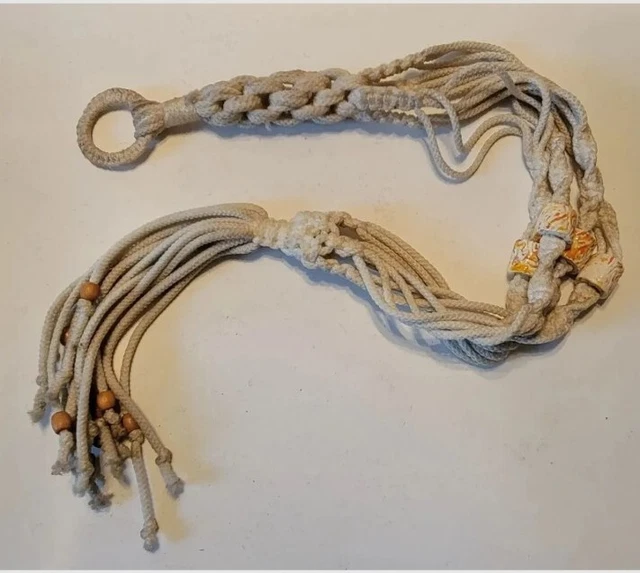 Vintage MCM Rainbow Speckled Ceramic Beads Braided Macrame Plant Hanger Holder