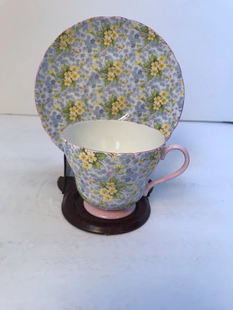 Vintage Shelley Primrose Chintz Pink Trim Teacup & Saucer Bone China England