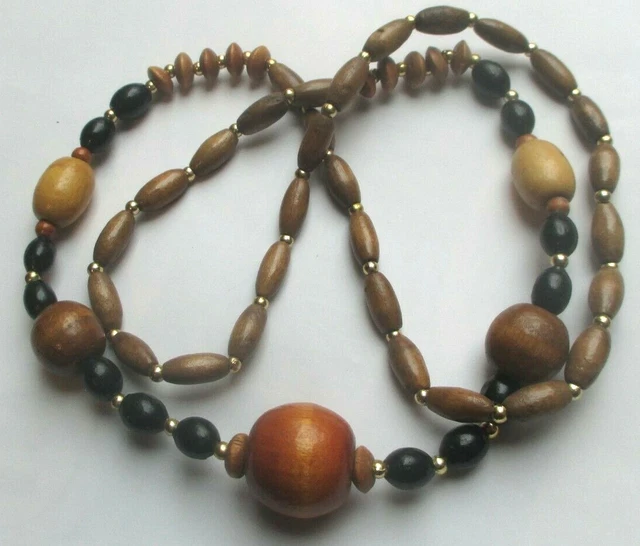 Collier Sautoir Vintage En Perles De Bois Léger Noir - Longueur Progressive - Occasion En Parfait état