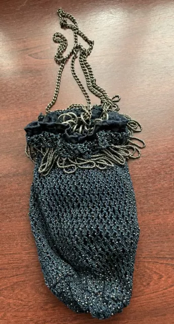 Vintage Blue cloth beaded navy evening bag drawstring chain handle, loop decs