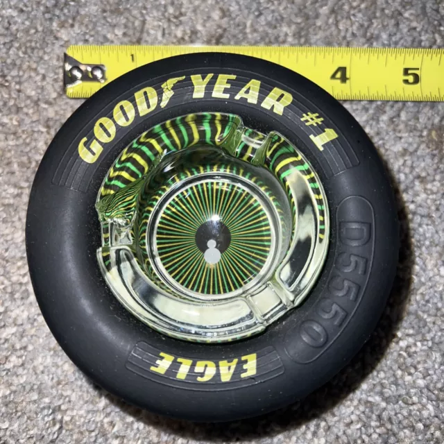 Goodyear #1 Eagle Ashtray D5550 Rubber Tire Glass Insert Green Yellow Art Vtg