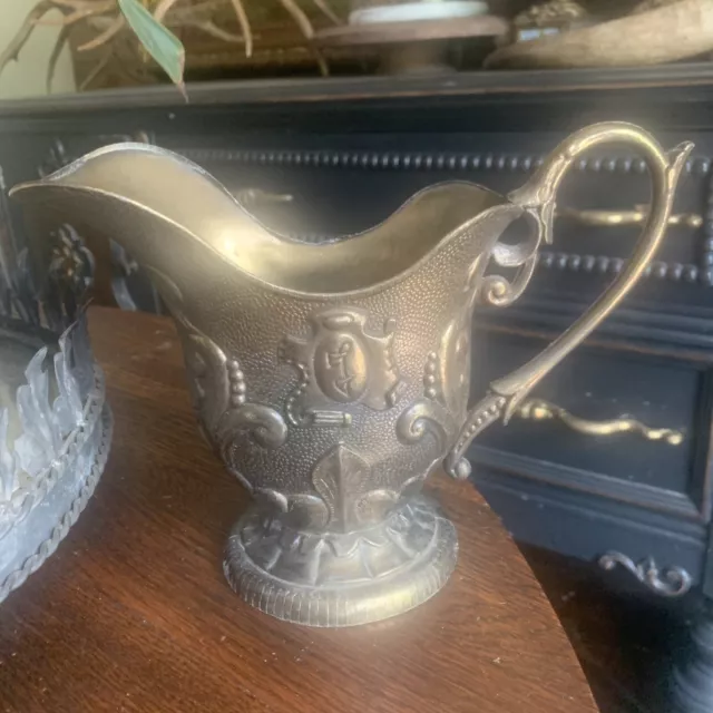 Vintage Brass Pitcher , Ornate Gothic Embossed Design