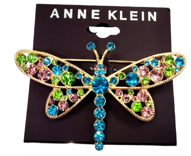 Anne Klein Dragonfly Brooch Pin Gold Tone Green Pink Blue Rhinestones New