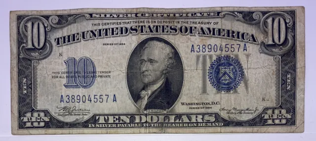 1934 ($10) Ten Dollar Blue Seal Silver Certificate 2