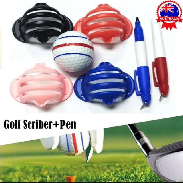 Golf Ball Stencil Triple Track 3 Line Drawing Putting Line Marker + 2x Pen Set