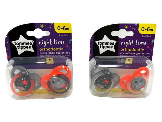 Tommee Tippee Night Time Binky Ortho Pacifier 0-6m Baby 2Pk x2 Grey Space
