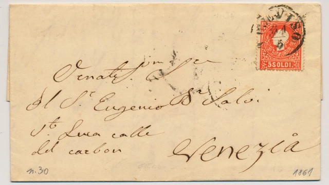 LOMBARDEI-VENETIEN 1861 5sld. FARBFLECK! Brief (Inhalt) TREVISO-VENEZIA