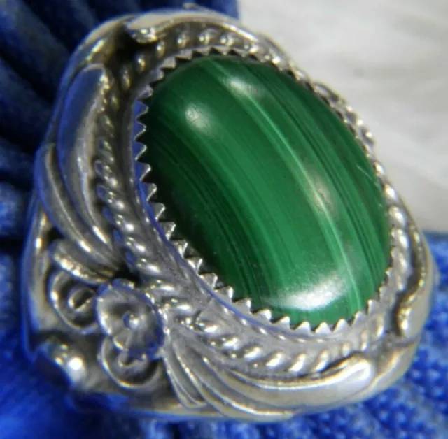 Malachite 1" vintage 0.925 Sterling Silver UNISEX MENS band Ring size 9 2