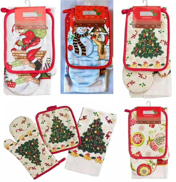3 Pack Christmas XMAS Tea Towel Oven Mit Pot Mat Santa Snowman Festive Season