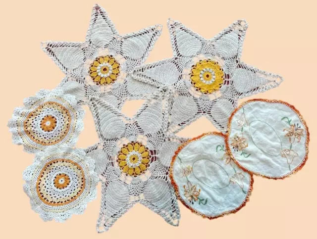 7 Assorted Doilies Crochet Cotton & Linen Embroidered Star & Round White & Beige