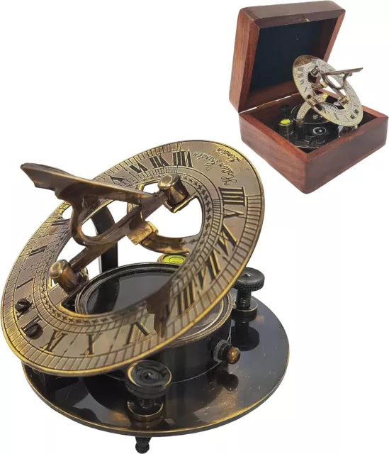 Antique Brass Sundial Compass Marine Boat Gift Pocket Sun Dial in Box Nautical