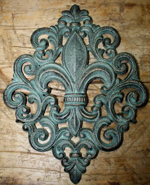 HUGE Cast Iron FLEUR DE LIS Plaque Finial Garden Sign Home Wall Decor Rustic