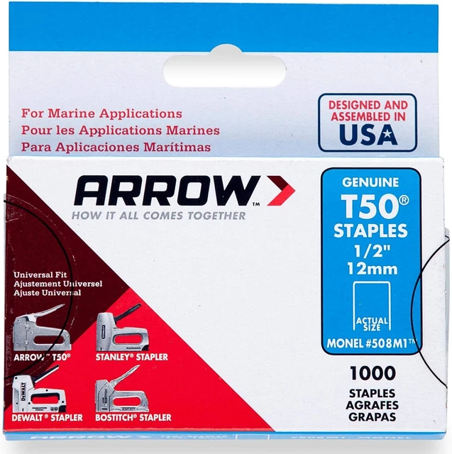 Arrow Fastener 508M1 Genuine T50 Monel Rustproof 1/2- Inch Staples, 1,000-Pack