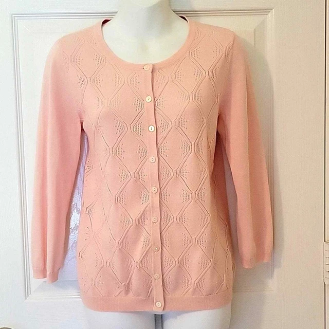 Talbots Pink Cardigan Sweater Crewneck Pima Cotton Button Down Women's L