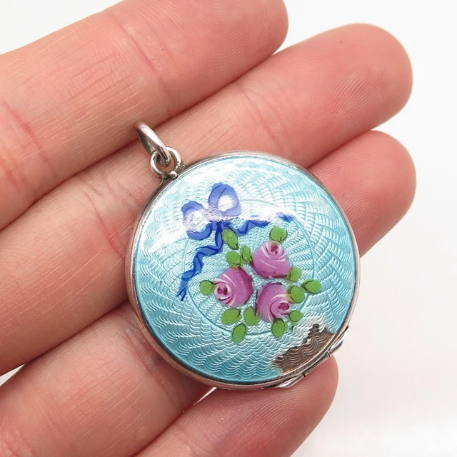 Antique Victorian Sterling Silver Enamel Rose Handcrafted Round Locket Pendant Antique Victorian Sterling Silver Enamel Rose Handcrafted Round Locket Pendant