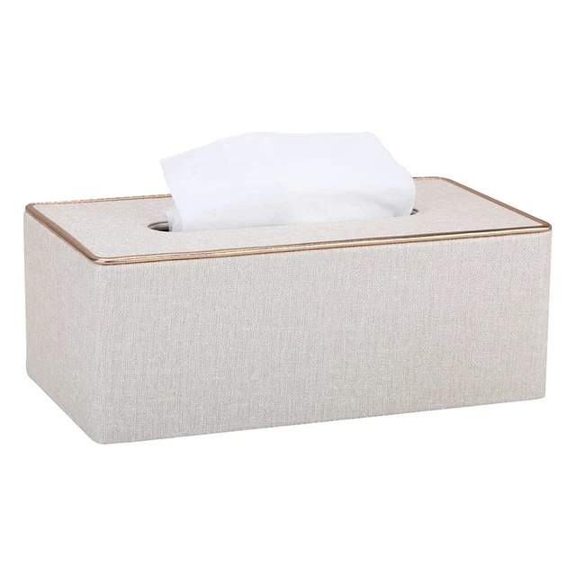 Pearl White-L PU Leather Tissue Box Holder - Gold Line