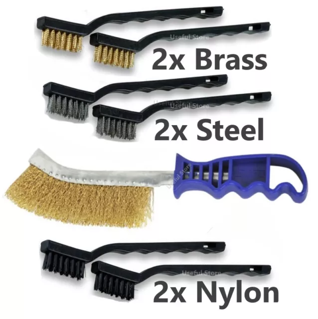 7x WIRE BRUSH SET Steel Brass Nylon Metal Rust Paint Remover Long Cleaner 2