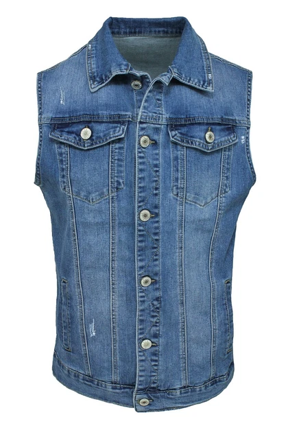 Smanicato Jeans Uomo Diamond Giubbino Gilet Cardigan Denim Blu Slim Fit