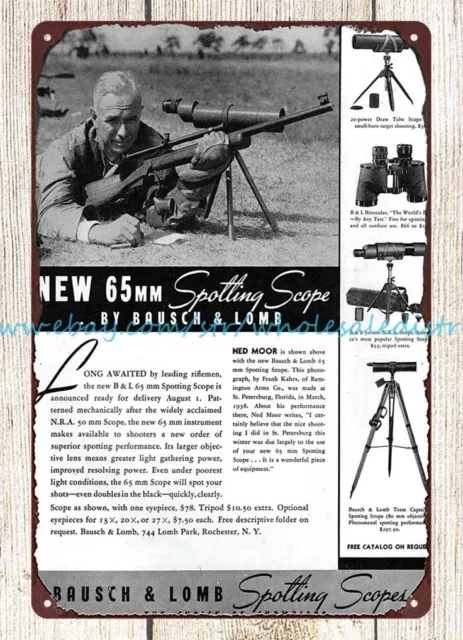 1938 Bausch Lomb Spotting Scope arma de fuego rifle caza metal letrero de estaño