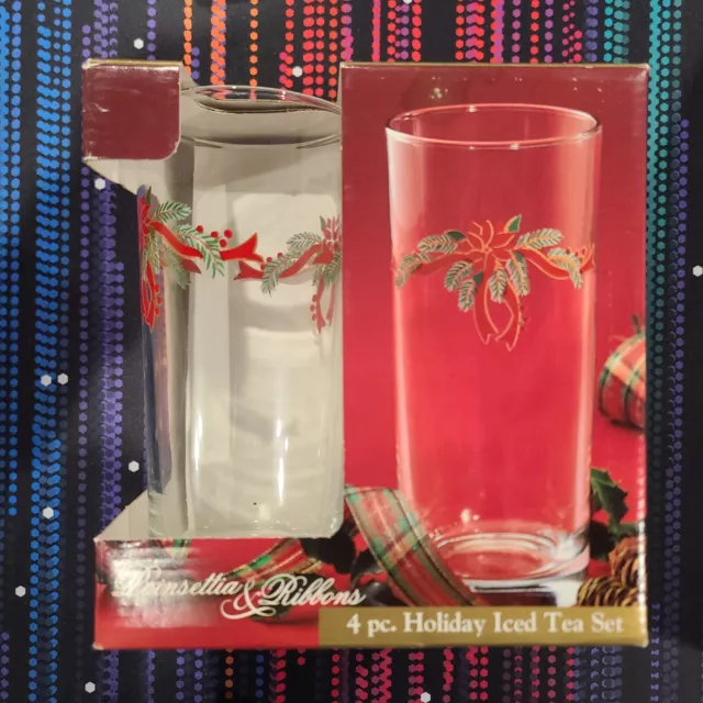 Set of 4 Vintage Anchor Hocking Poinsettia & Ribbons Ice Tea Glasses with Box