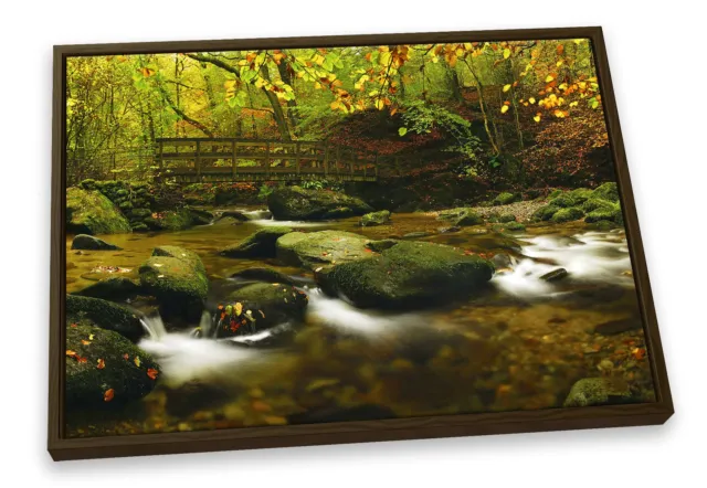 Autumn Forest River Bridge Green CANVAS FLOATER FRAME Wall Art Print Picture