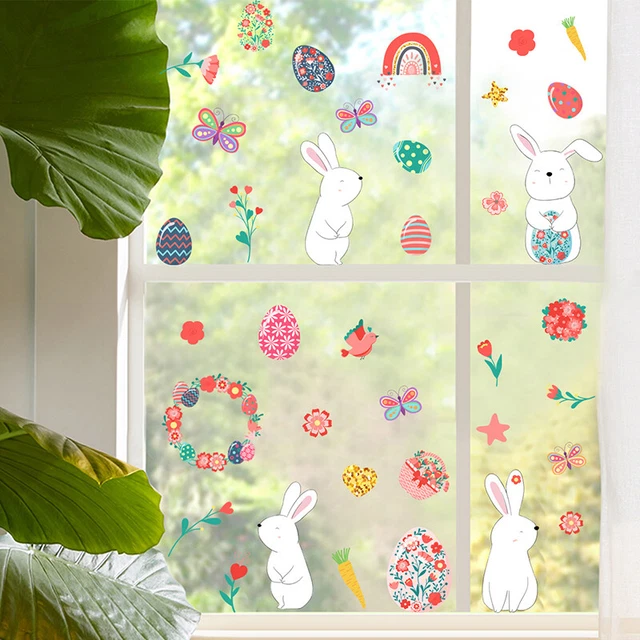 Happy Easter Bunny Window Sticker Cute Chicken Rabbit Colorful Egg Wall Stic<k>