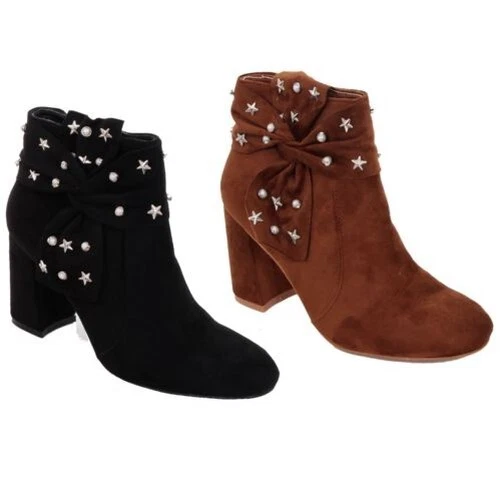 Femmes Talon Bloc Épais Faux Daim Étoile Perle Clouté Fermeture Éclair Bottines