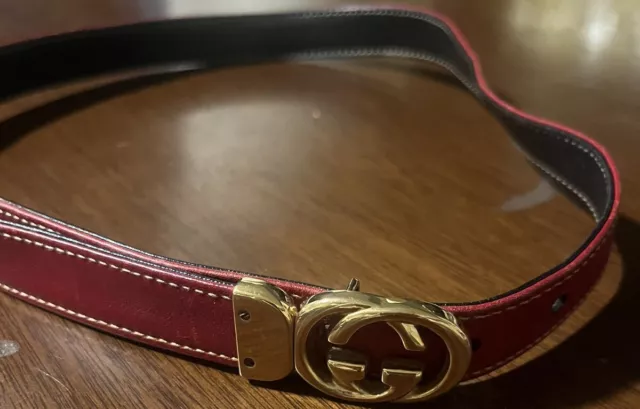 Vintage Gucci 3/4” 70-28 Reversible Red/black Gold Tone Buckle Belt