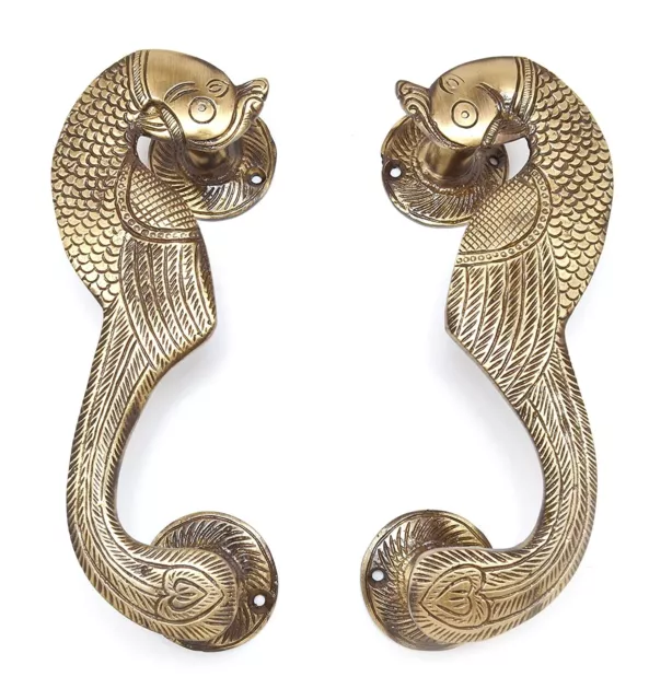 Brass Curved Peacock Design 8" Inch Main Door Handle Pair Home Office Decorative