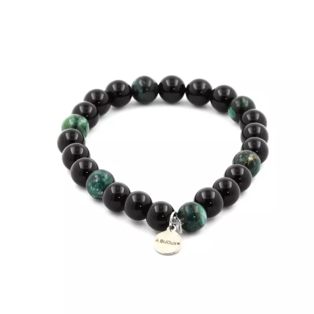 Bracelet Perles Agate noire + Emeraude de Zambie 8 mm. Fabriqué en France.