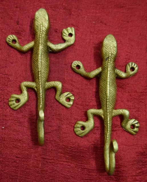 Decorative Wall Hooks Twin Lizard Shape Handmade Brass Vintage Hanging Dec VR652