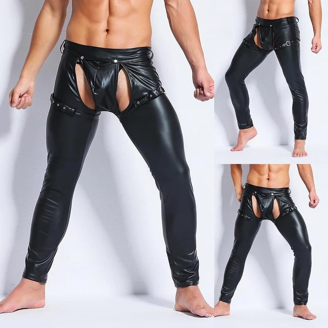 leggings hommes en cuir PU noir brillant aspect humide pantalon poche longue pan