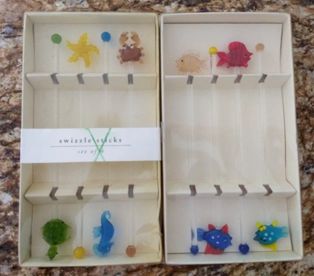 PIER 1 Glass SWIZZLE STICKS Aquatic Ocean Sea Life Animals Set of 8 Hand Blown