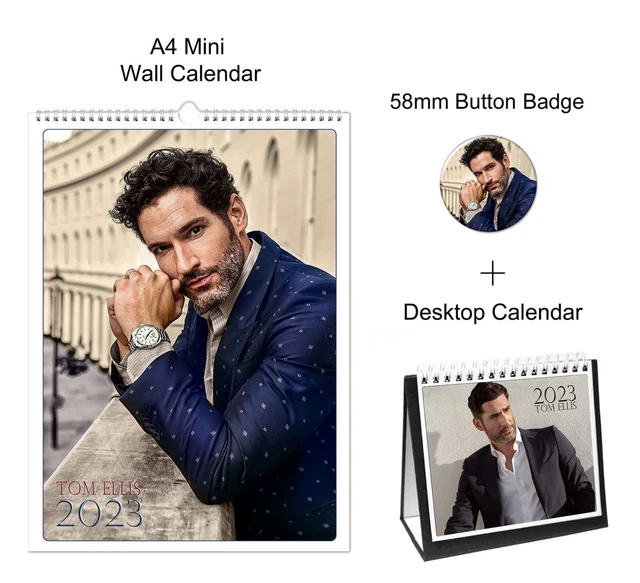 TOM ELLIS 2023 A4 Wall + Desktop Calendar + Pin Button Badge 17.99