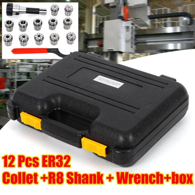 R8 Shank ER32 Spring Collet Chuck w/ 12Pcs Collets Set 3/32"-3/4" & 1 PC Wrench