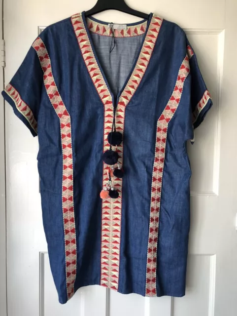 Zara Navy Blue Embroidered Denim Dress Tunic With Pompoms Size Uk Xs Bnwt