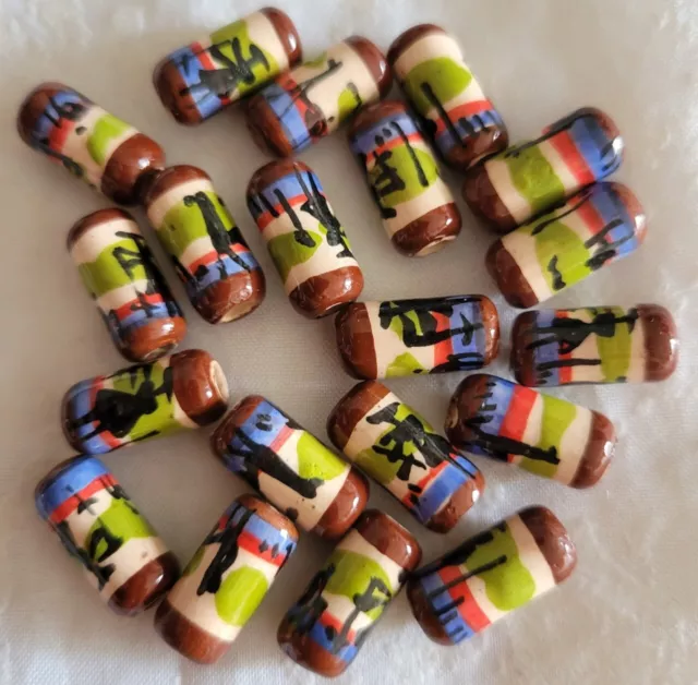 20 Keramik Perlen 14mm Zylinder, rot, braun, blau, schwarz, cremeweiß, Lama Ink