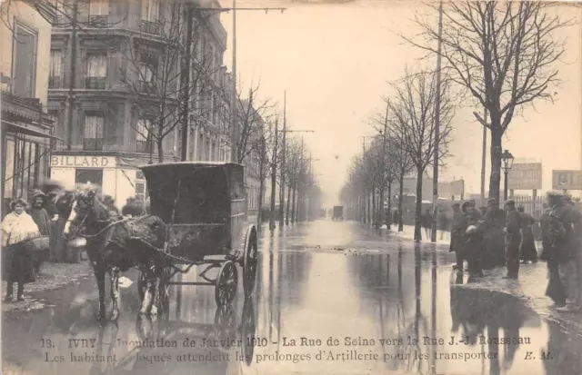Cpa 94 Ivry Inondations 1910 La Rue De Seine Attelage Gros Plan