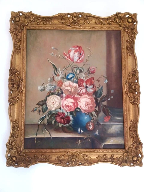 LARGE OIL PAINTING on canvas still life flemish style flowers signed ...