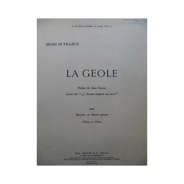 DUTILLEUX Henri La Geole Chant Piano 1946