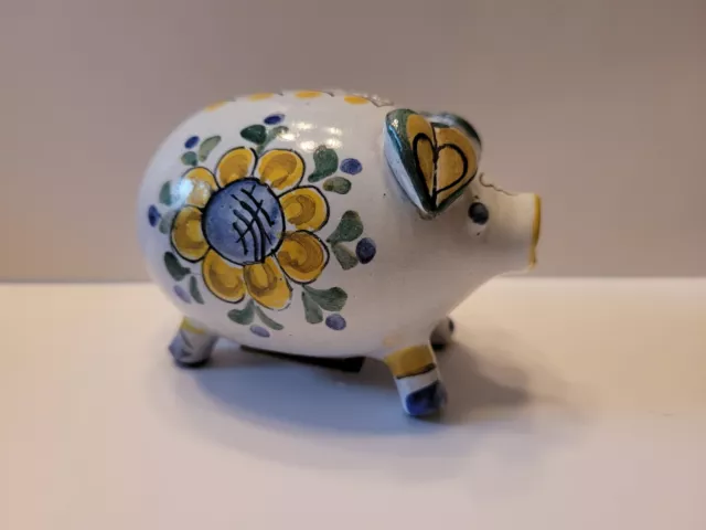 Vtg Handpainted Pottery Piggy Bank Figurine Yellow Blue Flowers