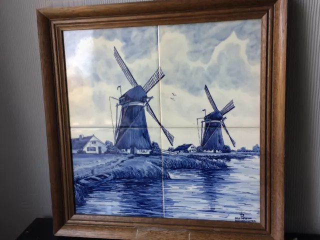 Holland Delfts blaues Dekor Holz gerahmte Wand 4 Fliesen weiß blau Keramik Windmühlen