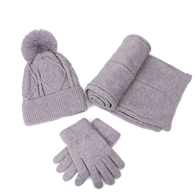 Gorro y bufanda de mujer Conjunto de guantes 3 piezas para invierno Lana gruesa