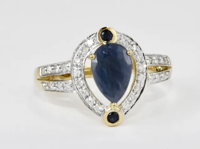 Estate 10K Yellow Gold Pear Shape Natural Blue Sapphire Pave Diamond Ring 8 1/4