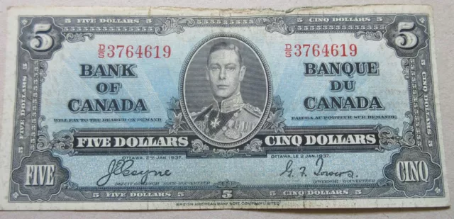 1937 Bank of Canada Five Dollars Bill. VF - EF $5 Bank Note