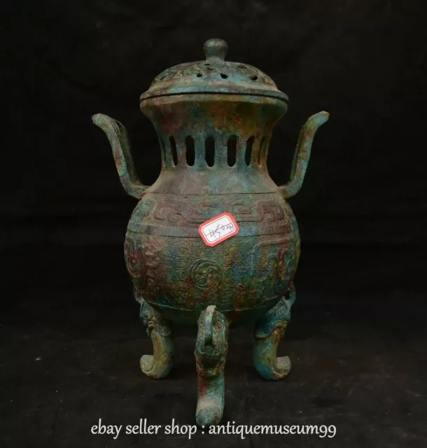 13.2" Chinese Bronze Ware Shang Dynasty Beast Double ear censer incense burner